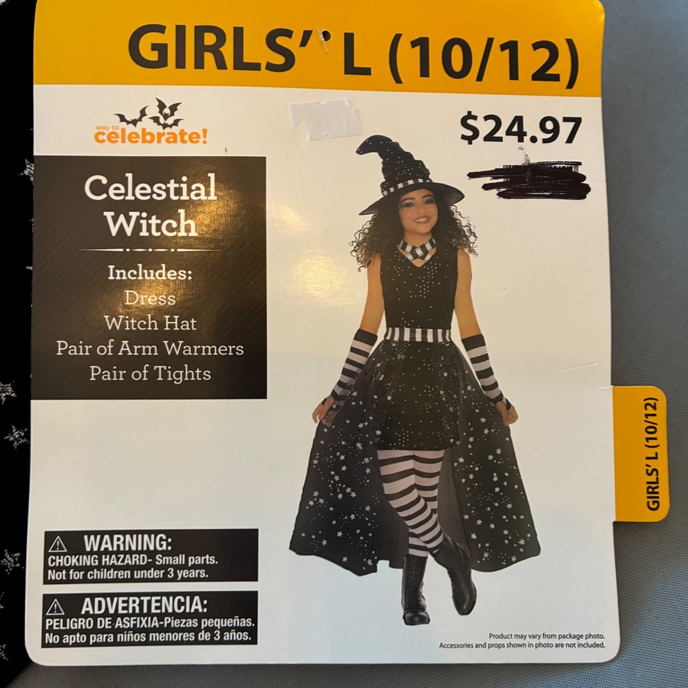 Way to Celebrate Celestial Witch Costume Girls Large 10/12 Black Silver Star 4pc - Picture 1 of 9
